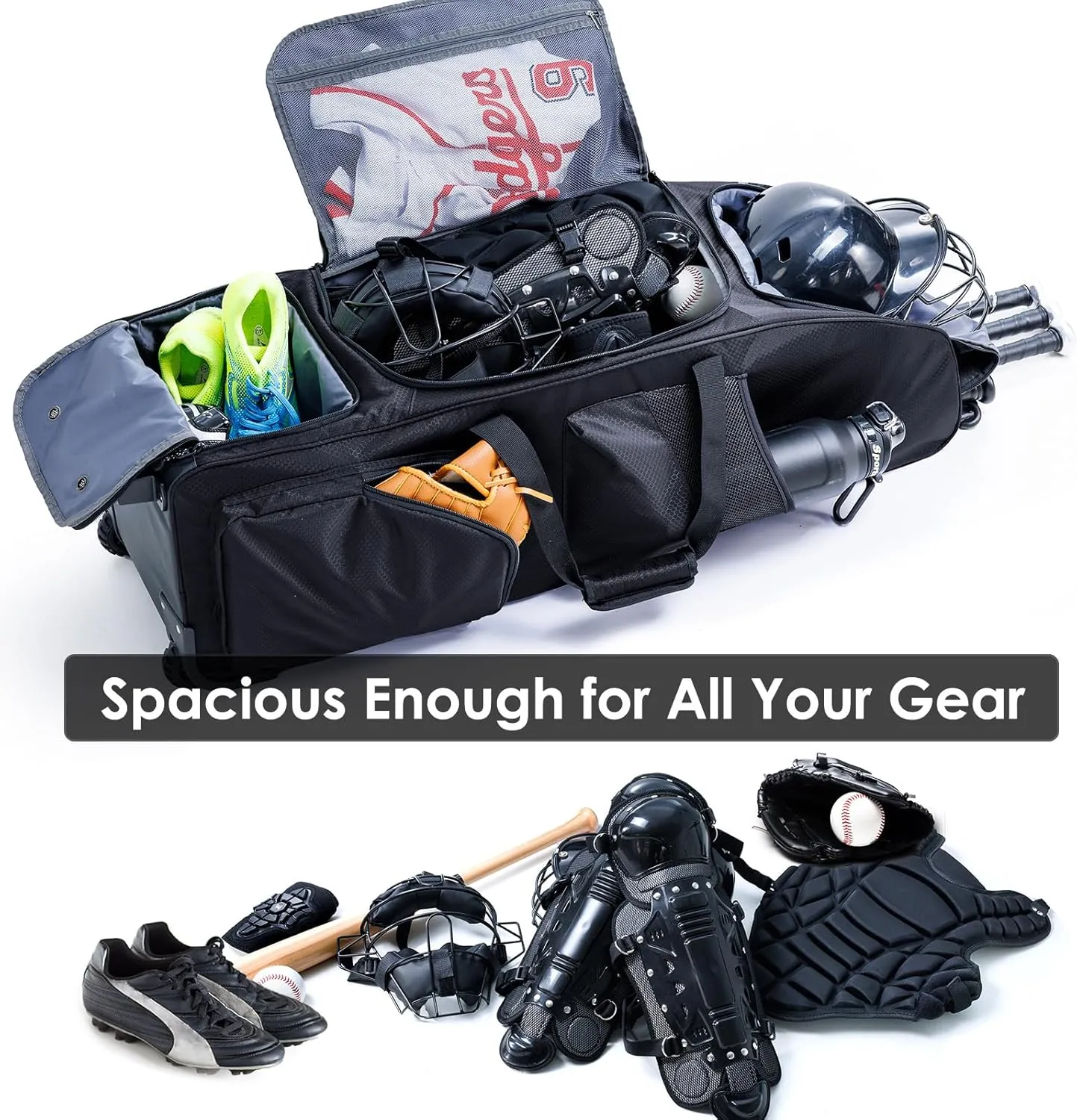 Rolling Baseball Bag With Wheels, Seperate Shoe Compartment and Fence Hook - Large Softball Bag for T-Ball - Team Equipment Duffle Bag - Catcher Gear Bag for Boys 8-12, Youth, Adults
