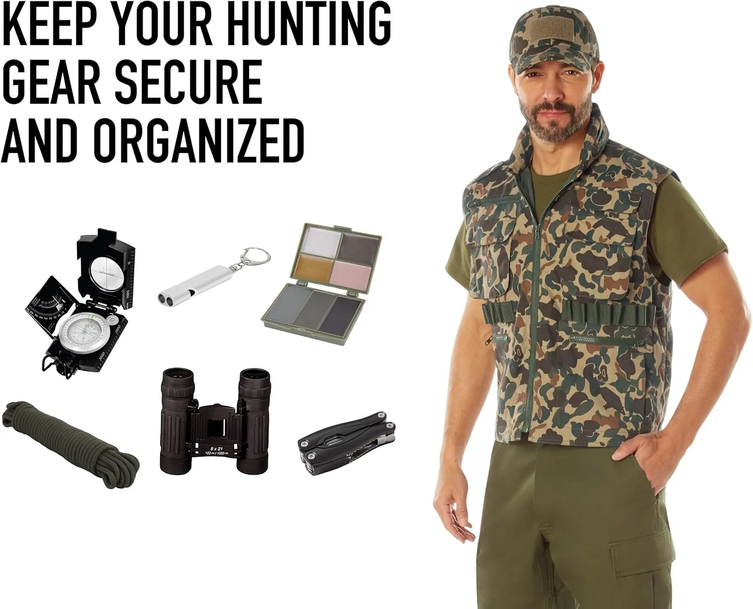 Rothco X Bear Archery Fred Bear Camo Ranger Vest – Tactical Vest with 10 Utility Pockets