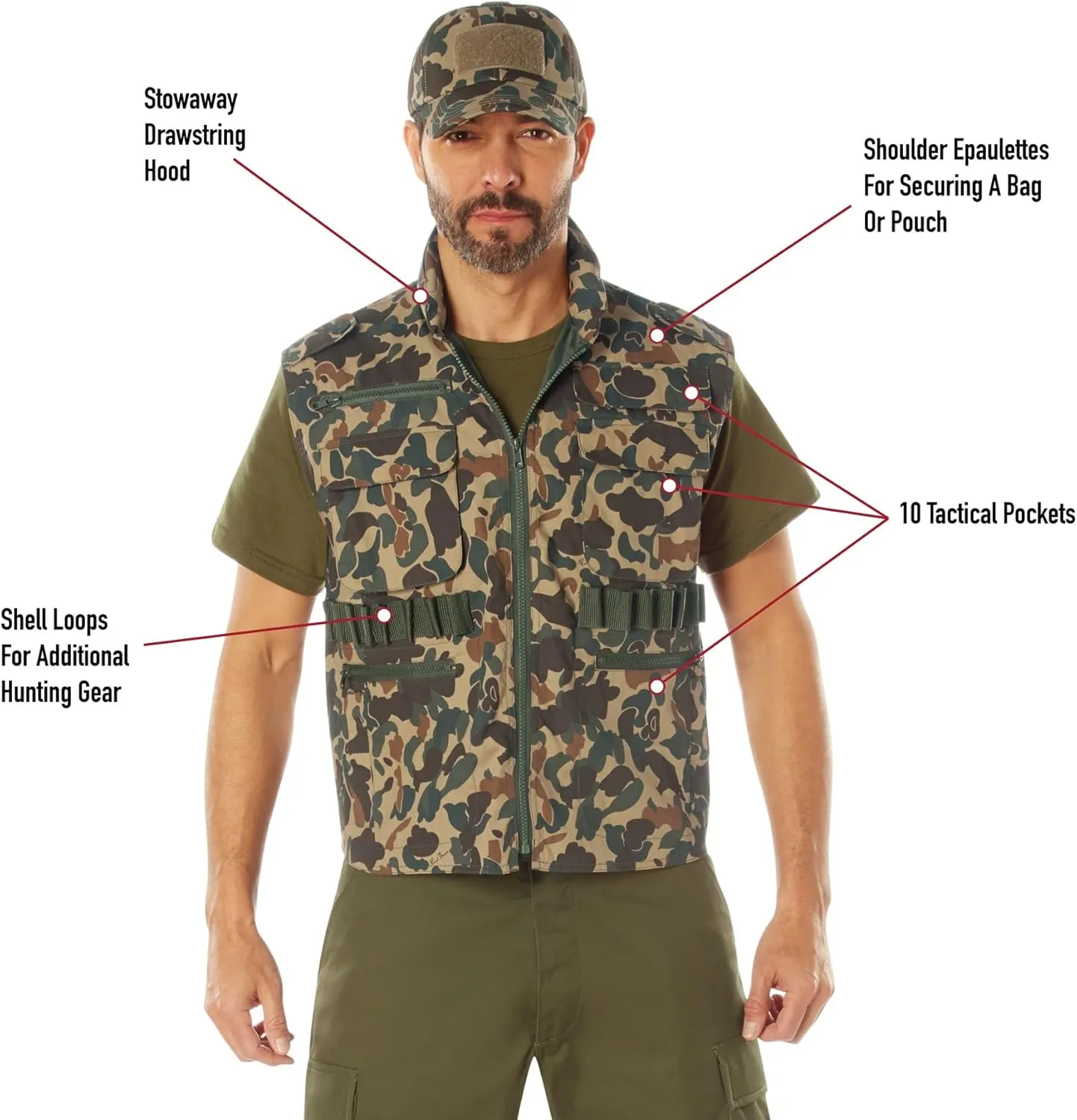Rothco X Bear Archery Fred Bear Camo Ranger Vest – Tactical Vest with 10 Utility Pockets