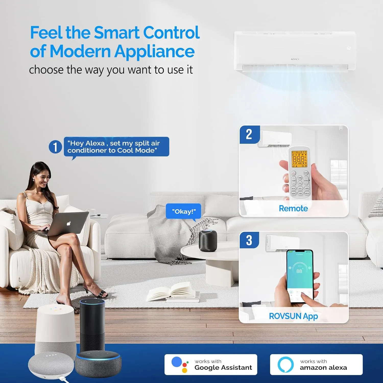 ROVSUN 9000 BTU Wifi Enabled Mini Split Air Conditioner & Heater with Inverter, 19 SEER2 Energy Saving 115V Ductless Split AC Unit with Pre-Charged Condenser, Heat Pump & Installation Kit