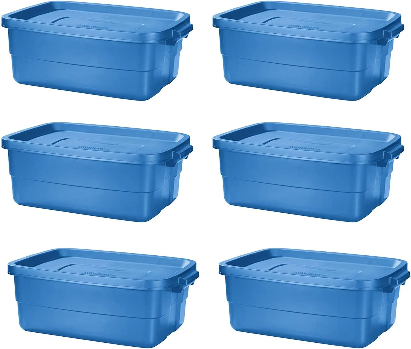 Rubbermaid Roughneck Tote 10 Gal, 6 Pack, Made in USA, Herirage Blue, Rugged Plastic Stackable Storage Bins with Lids and Handles