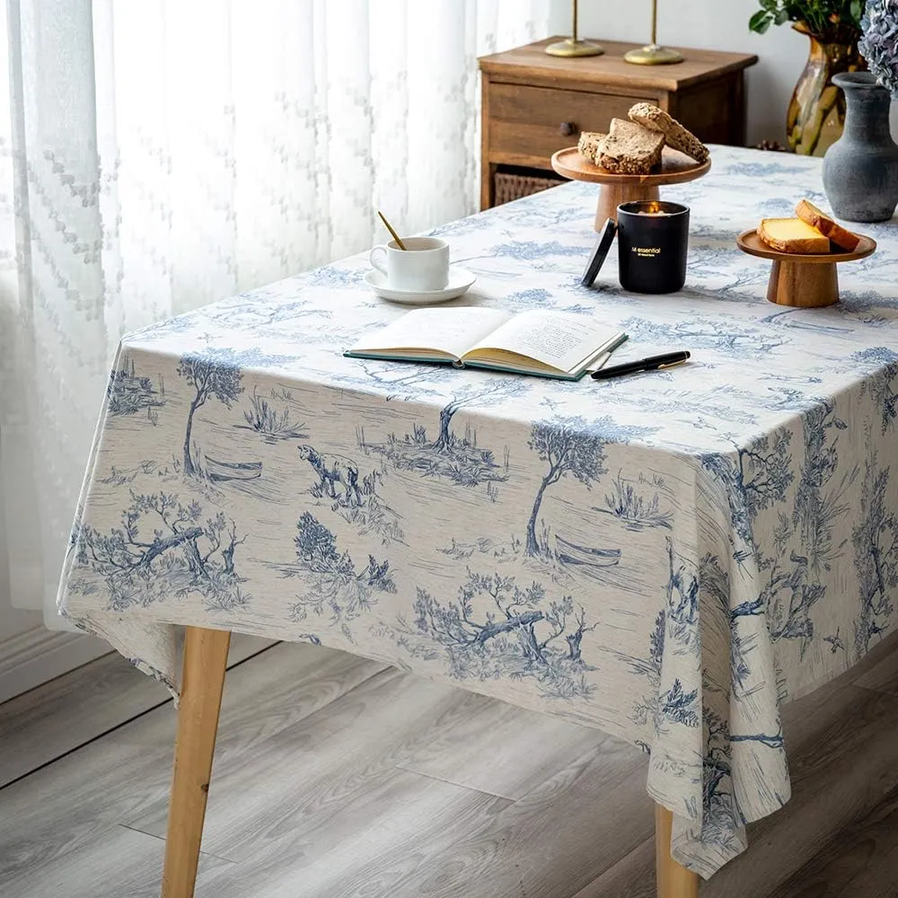 Rustic Tablecloth Classic French Village Printed Linen Fabric Table Cover Farmhouse Decoration 52x70 Inches Rectangle/Oblong Blue for Kitchen Dining