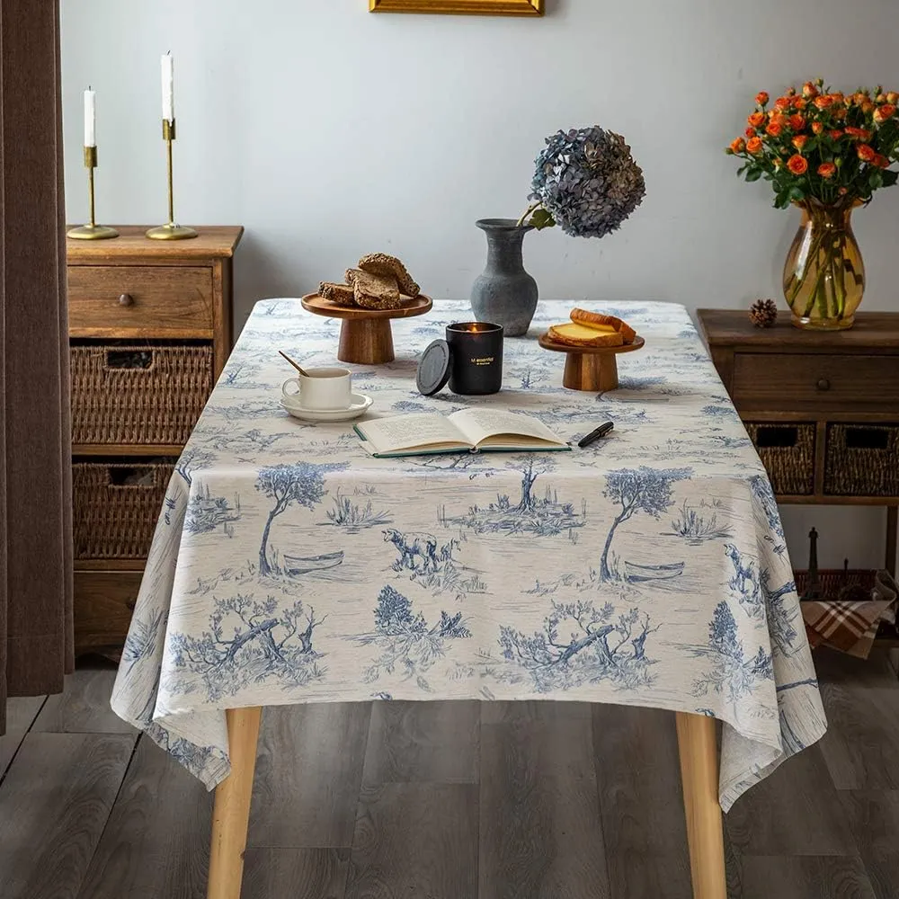 Rustic Tablecloth Classic French Village Printed Linen Fabric Table Cover Farmhouse Decoration 52x70 Inches Rectangle/Oblong Blue for Kitchen Dining