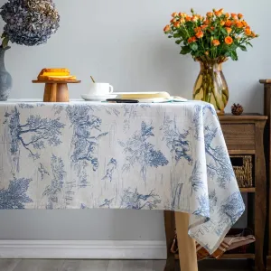 Rustic Tablecloth Classic French Village Printed Linen Fabric Table Cover Farmhouse Decoration 52x70 Inches Rectangle/Oblong Blue for Kitchen Dining