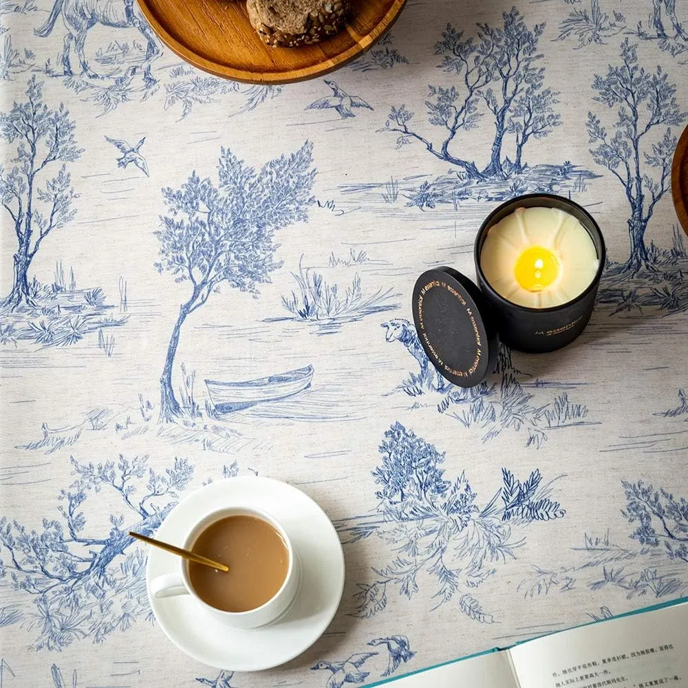 Rustic Tablecloth Classic French Village Printed Linen Fabric Table Cover Farmhouse Decoration 52x70 Inches Rectangle/Oblong Blue for Kitchen Dining