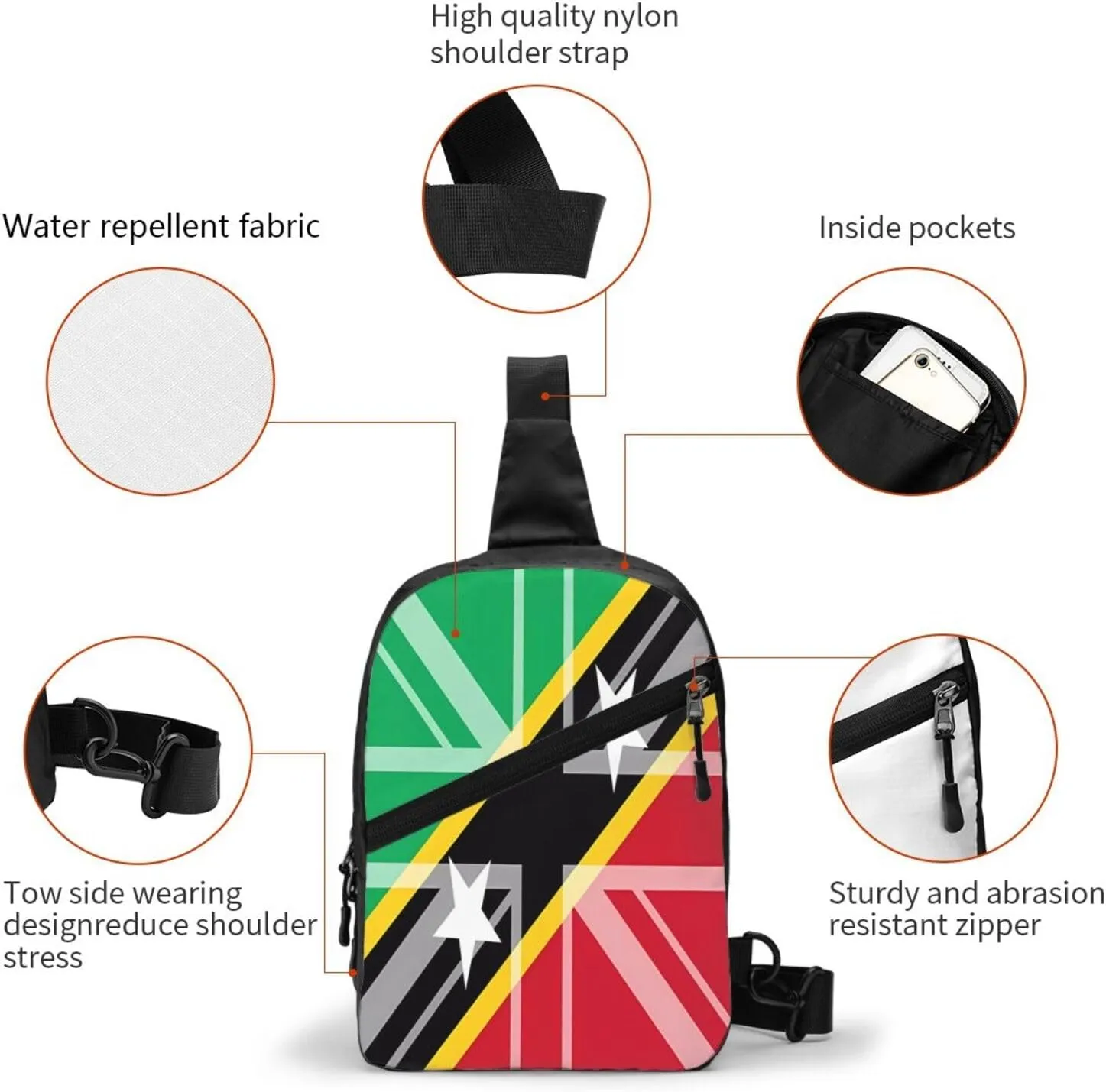 Saint Kitts Nevis UK Flag Crossbody Bag Portable Sling Bags Foldable Chest Daypack Reusable Sports Shoulder Backpack Diagonally Casual Rucksack Travel Bag
