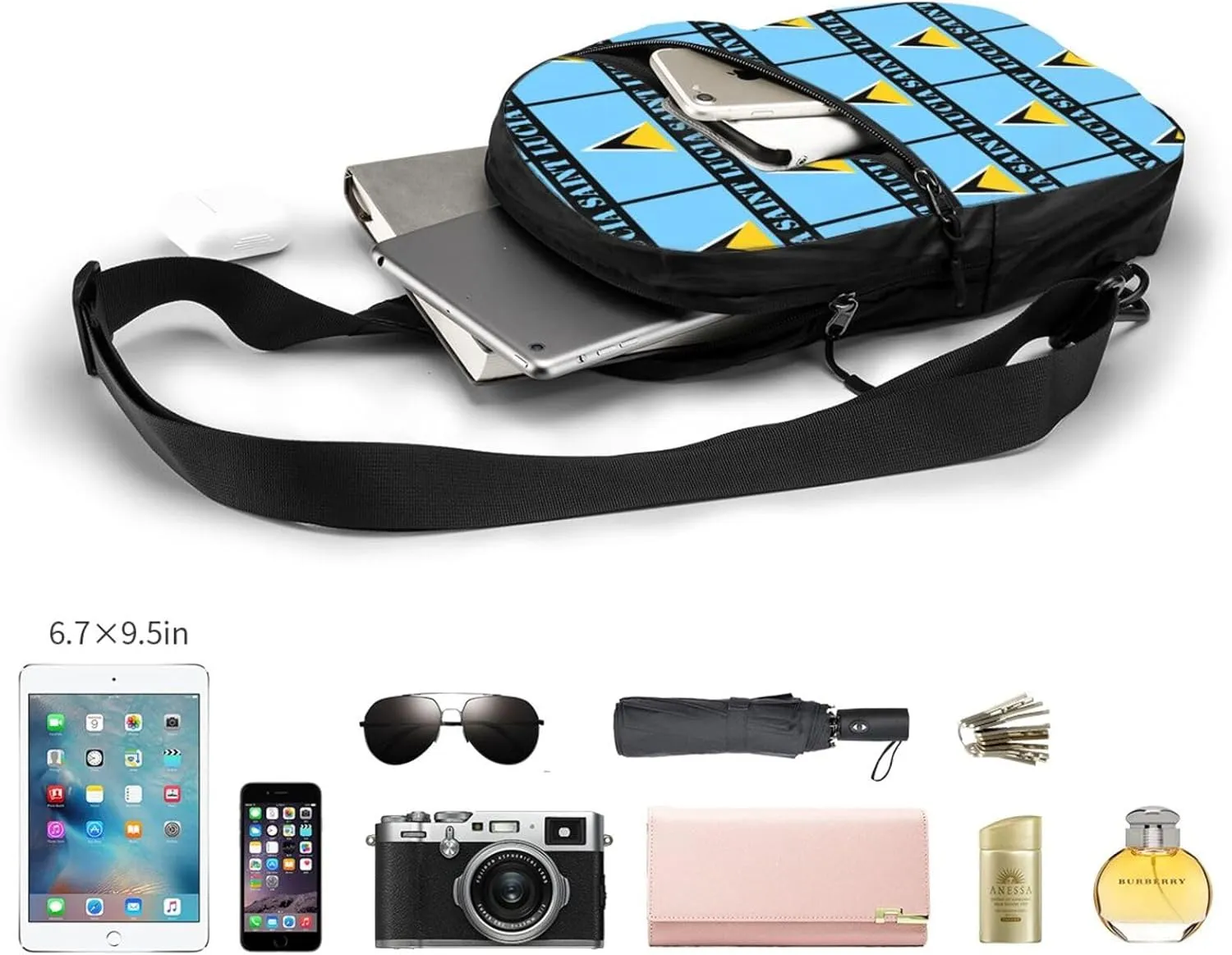 Saint Lucian Lucia Flag Crossbody Bag Portable Sling Bags Foldable Chest Daypack Reusable Sports Shoulder Backpack Diagonally Casual Rucksack Travel Bag