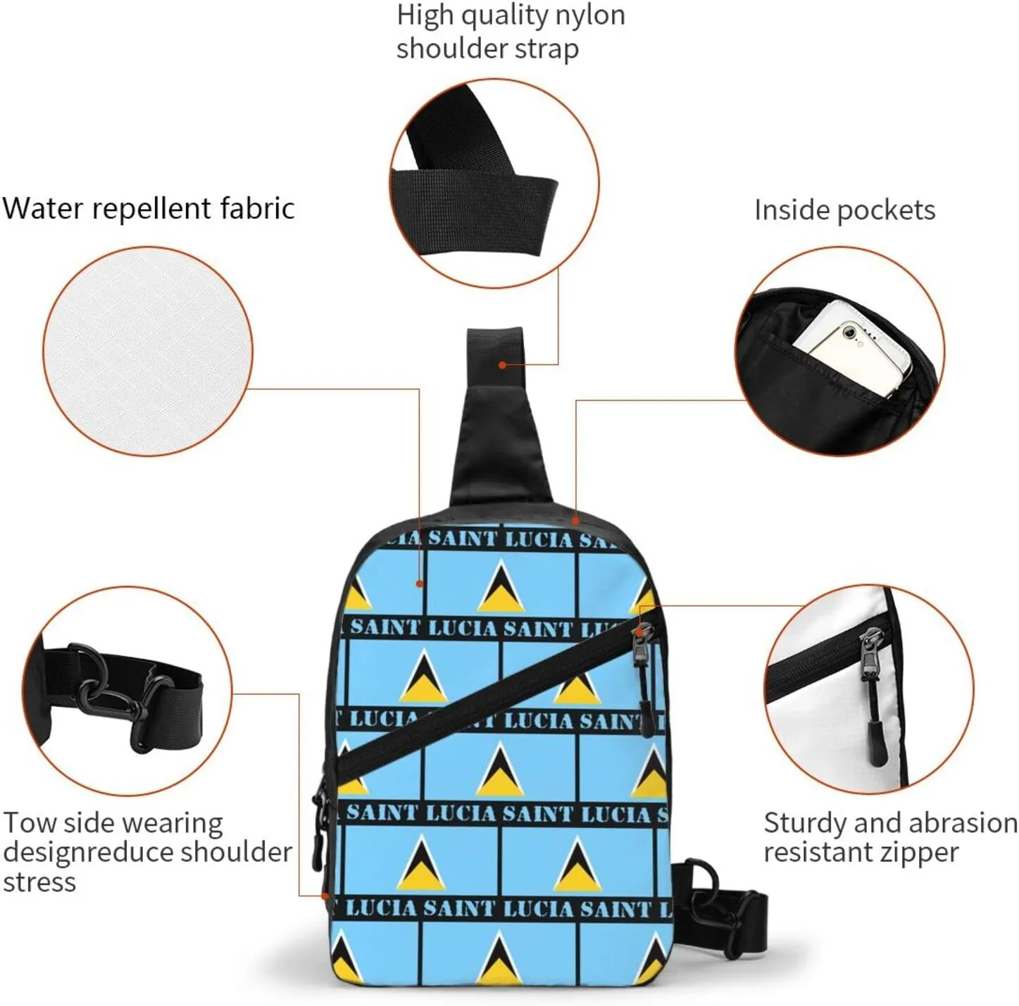 Saint Lucian Lucia Flag Crossbody Bag Portable Sling Bags Foldable Chest Daypack Reusable Sports Shoulder Backpack Diagonally Casual Rucksack Travel Bag
