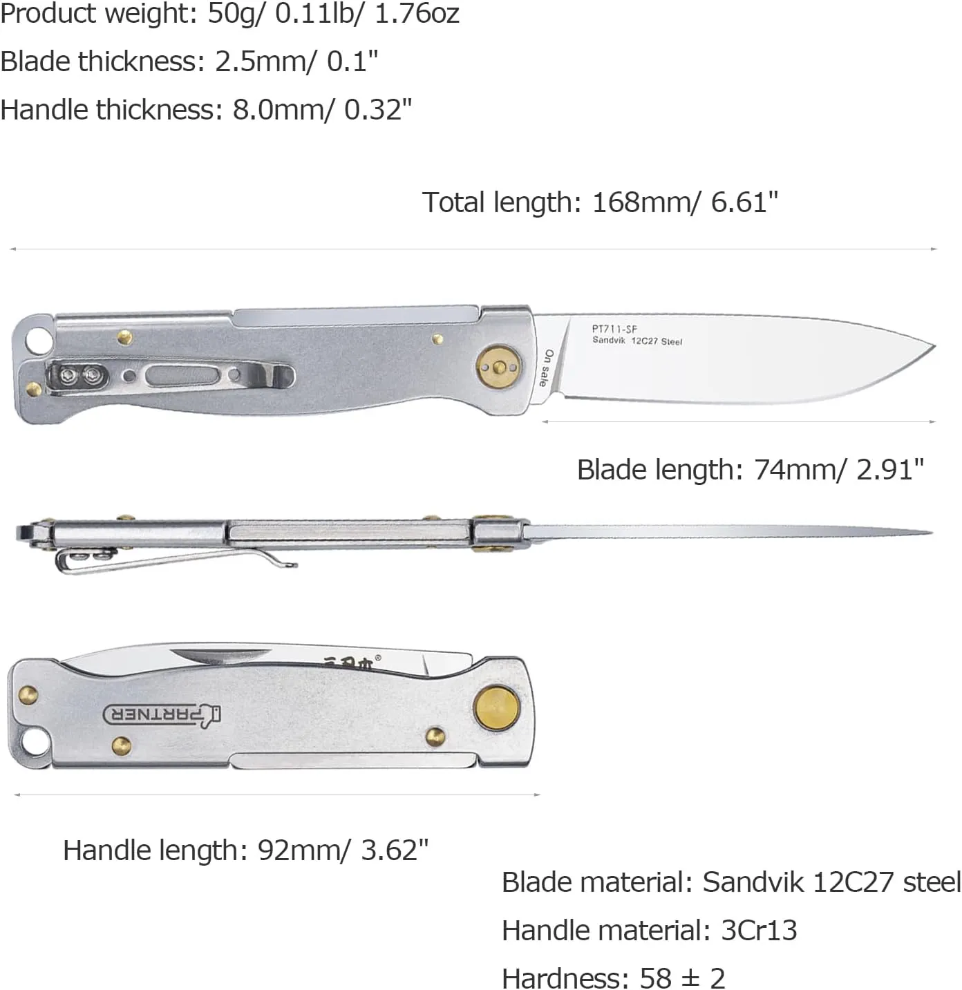 Sanrenmu Folding Knife with Pocket Clip Utility 6.61 Inch Length 12C27 Steel Blade Ligthweight EDC Knife 3Cr13 Handle PT711 (Silver)