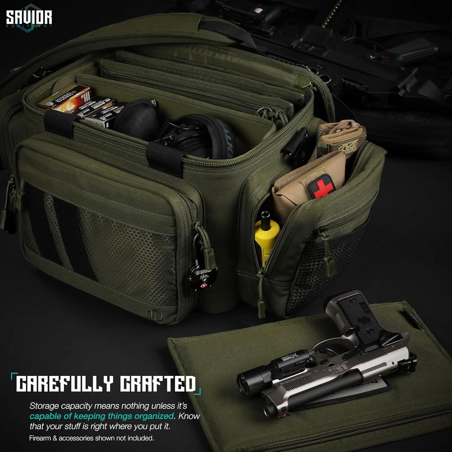 Savior Equipment Specialist Series Tactical Triple Pistol Shooting Range Hunting Duffle Bag Gun Carrying Case, Rigid Compartment Frame, Lockable Zippers, 3 Handgun Sleeves & Shoulder Strap Included