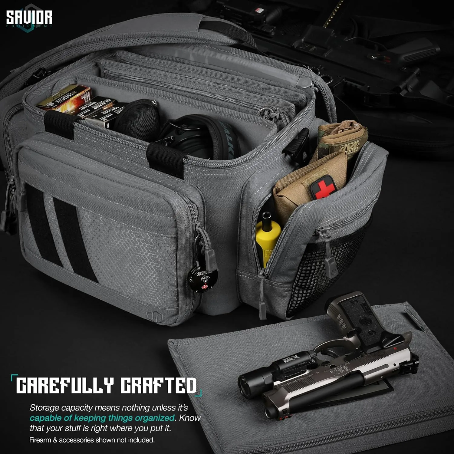Savior Equipment Specialist Series Tactical Triple Pistol Shooting Range Hunting Duffle Bag Gun Carrying Case, Rigid Compartment Frame, Lockable Zippers, 3 Handgun Sleeves & Shoulder Strap Included