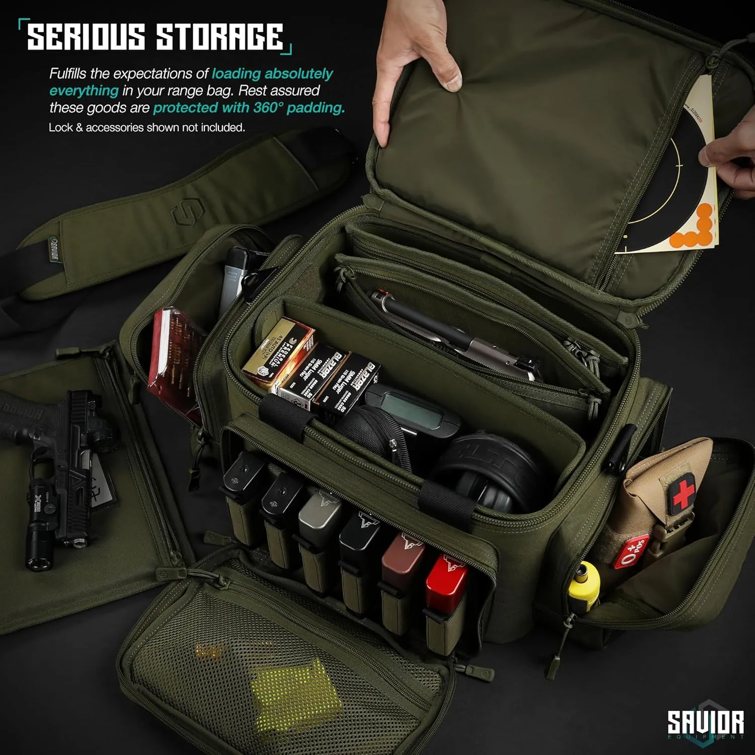 Savior Equipment Specialist Series Tactical Triple Pistol Shooting Range Hunting Duffle Bag Gun Carrying Case, Rigid Compartment Frame, Lockable Zippers, 3 Handgun Sleeves & Shoulder Strap Included