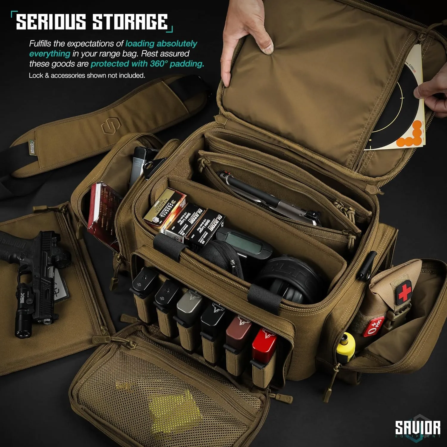 Savior Equipment Specialist Series Tactical Triple Pistol Shooting Range Hunting Duffle Bag Gun Carrying Case, Rigid Compartment Frame, Lockable Zippers, 3 Handgun Sleeves & Shoulder Strap Included