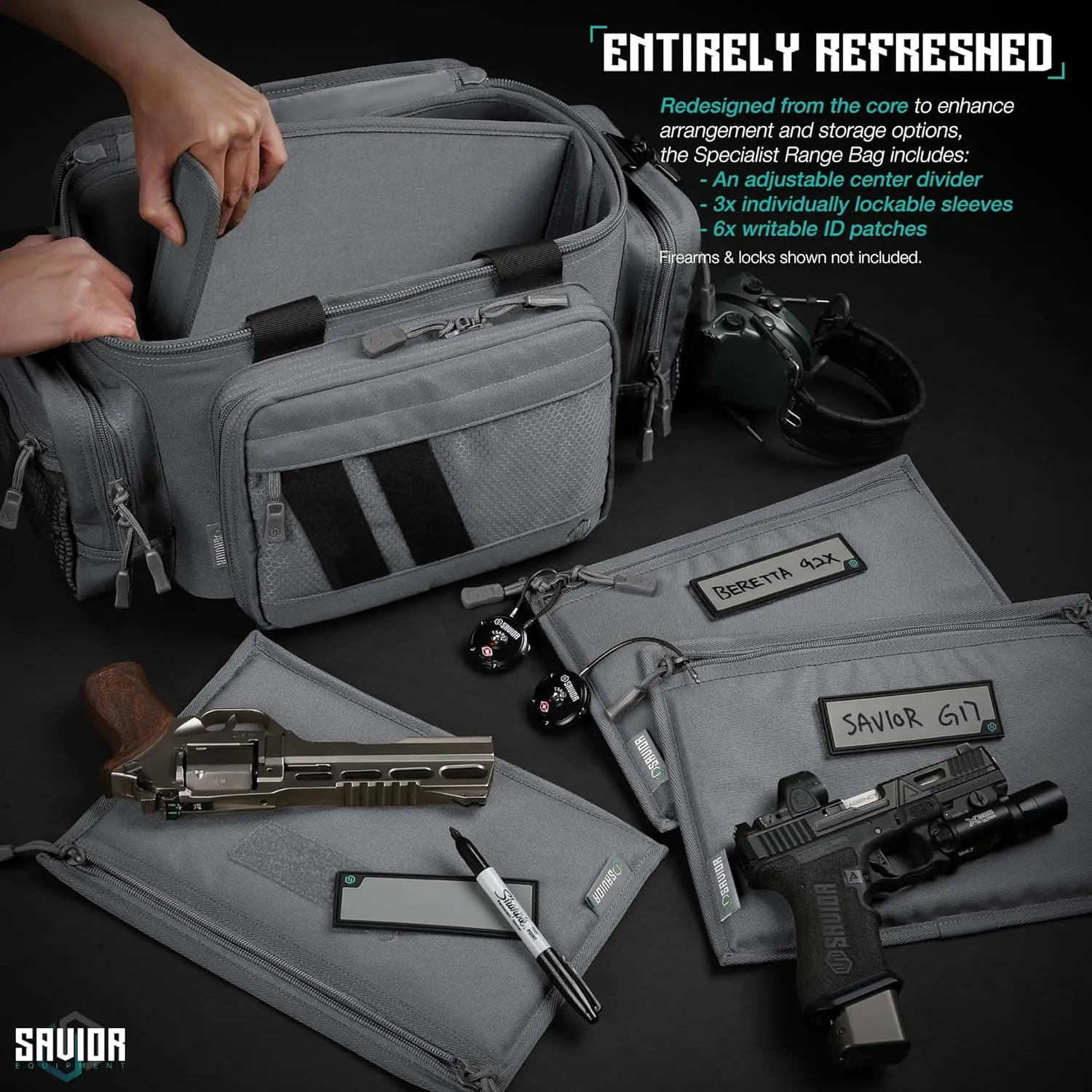 Savior Equipment Specialist Series Tactical Triple Pistol Shooting Range Hunting Duffle Bag Gun Carrying Case, Rigid Compartment Frame, Lockable Zippers, 3 Handgun Sleeves & Shoulder Strap Included