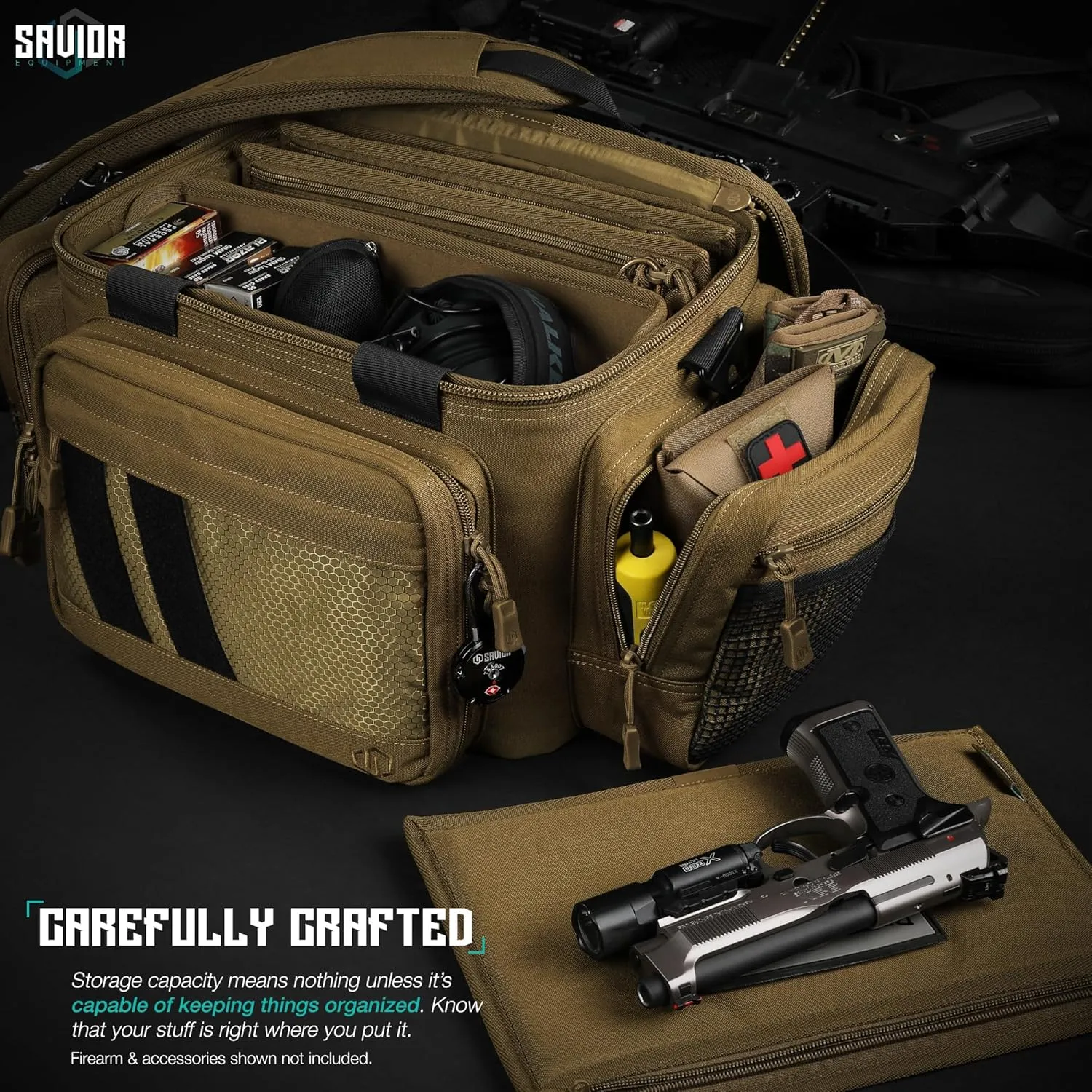 Savior Equipment Specialist Series Tactical Triple Pistol Shooting Range Hunting Duffle Bag Gun Carrying Case, Rigid Compartment Frame, Lockable Zippers, 3 Handgun Sleeves & Shoulder Strap Included
