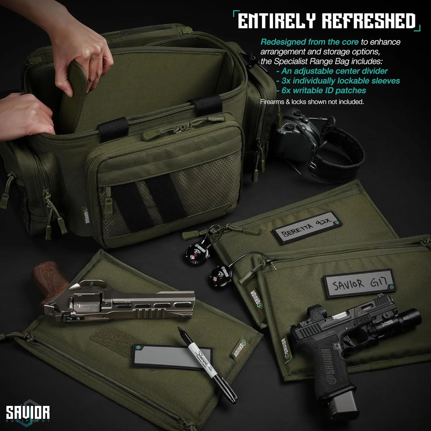 Savior Equipment Specialist Series Tactical Triple Pistol Shooting Range Hunting Duffle Bag Gun Carrying Case, Rigid Compartment Frame, Lockable Zippers, 3 Handgun Sleeves & Shoulder Strap Included