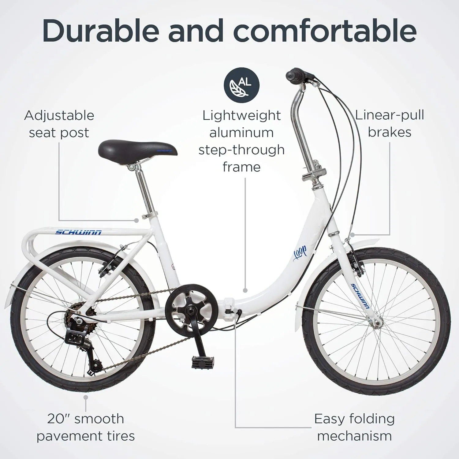 Schwinn Loop Folding Bike for Adult Men Women, 20-inch Wheels, 7-Speed Drivetrain, Rear Cargo Rack, Carrying Bag Included for Storage