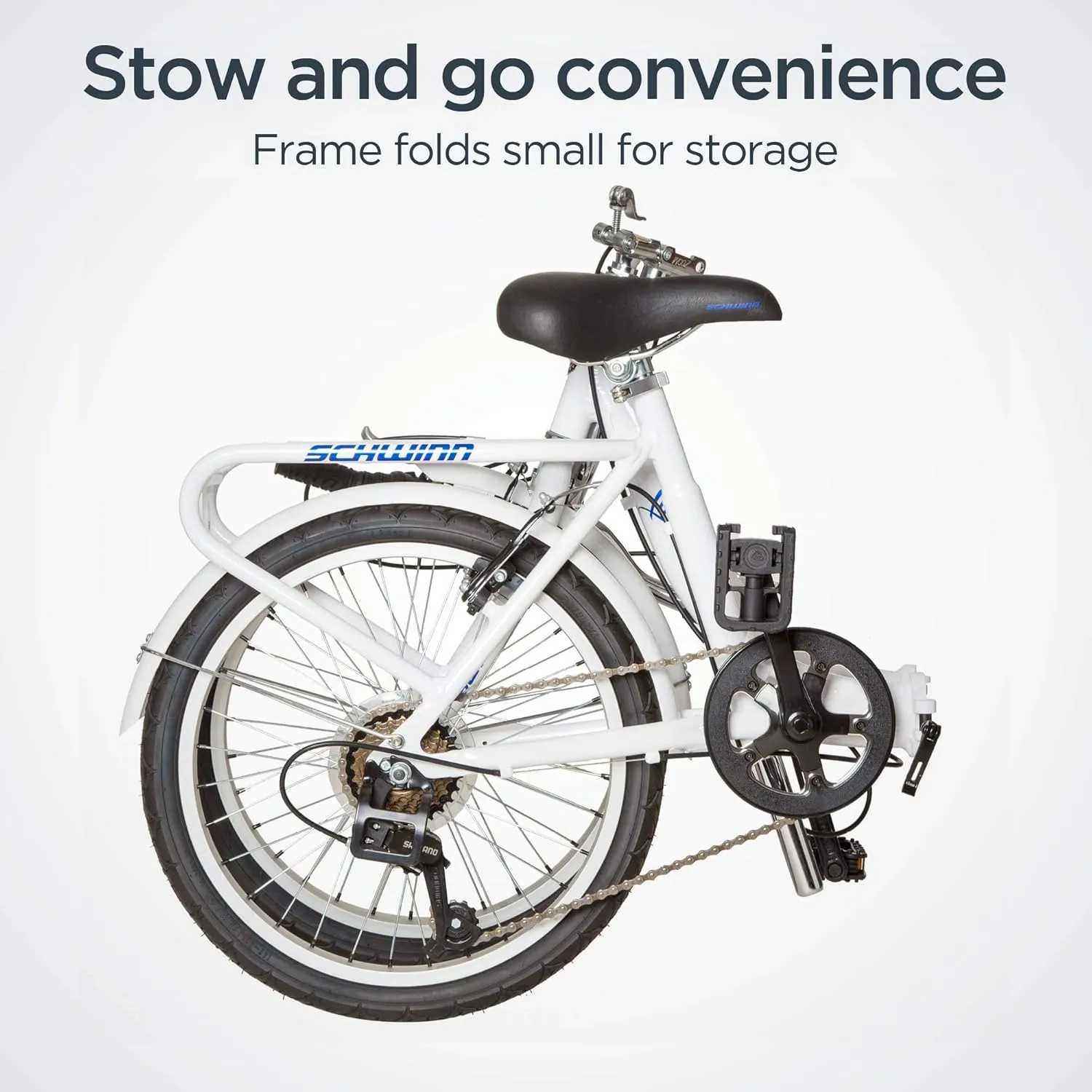 Schwinn Loop Folding Bike for Adult Men Women, 20-inch Wheels, 7-Speed Drivetrain, Rear Cargo Rack, Carrying Bag Included for Storage