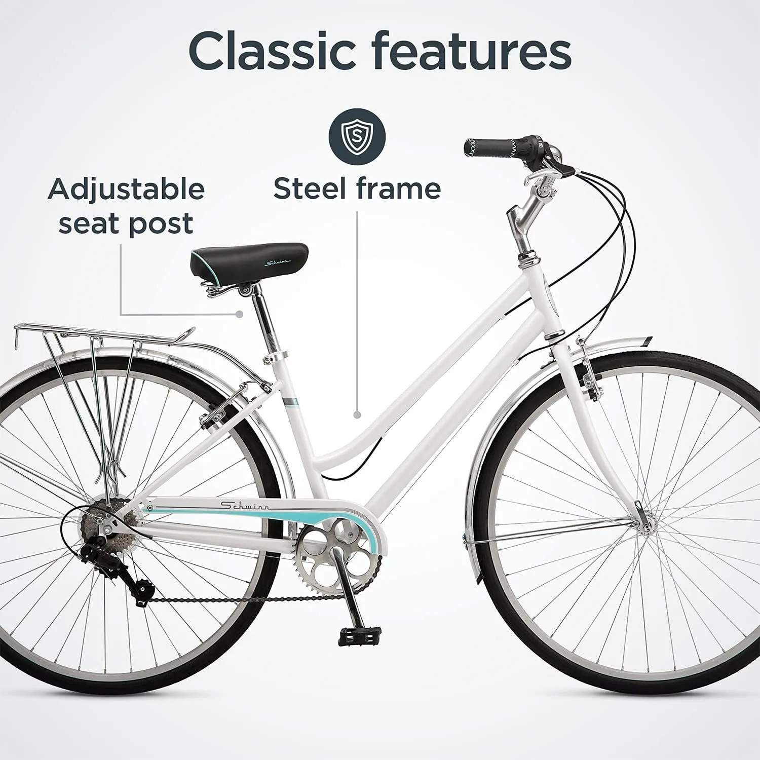 Schwinn Wayfarer Hybrid Bike, 700c Mens and Womens Bike, 7-Speed Hybrid Bicycle, Retro Steel Frame, Front and Rear Linear Pull Brakes, Fenders, Cargo Space, Adult Bicycle