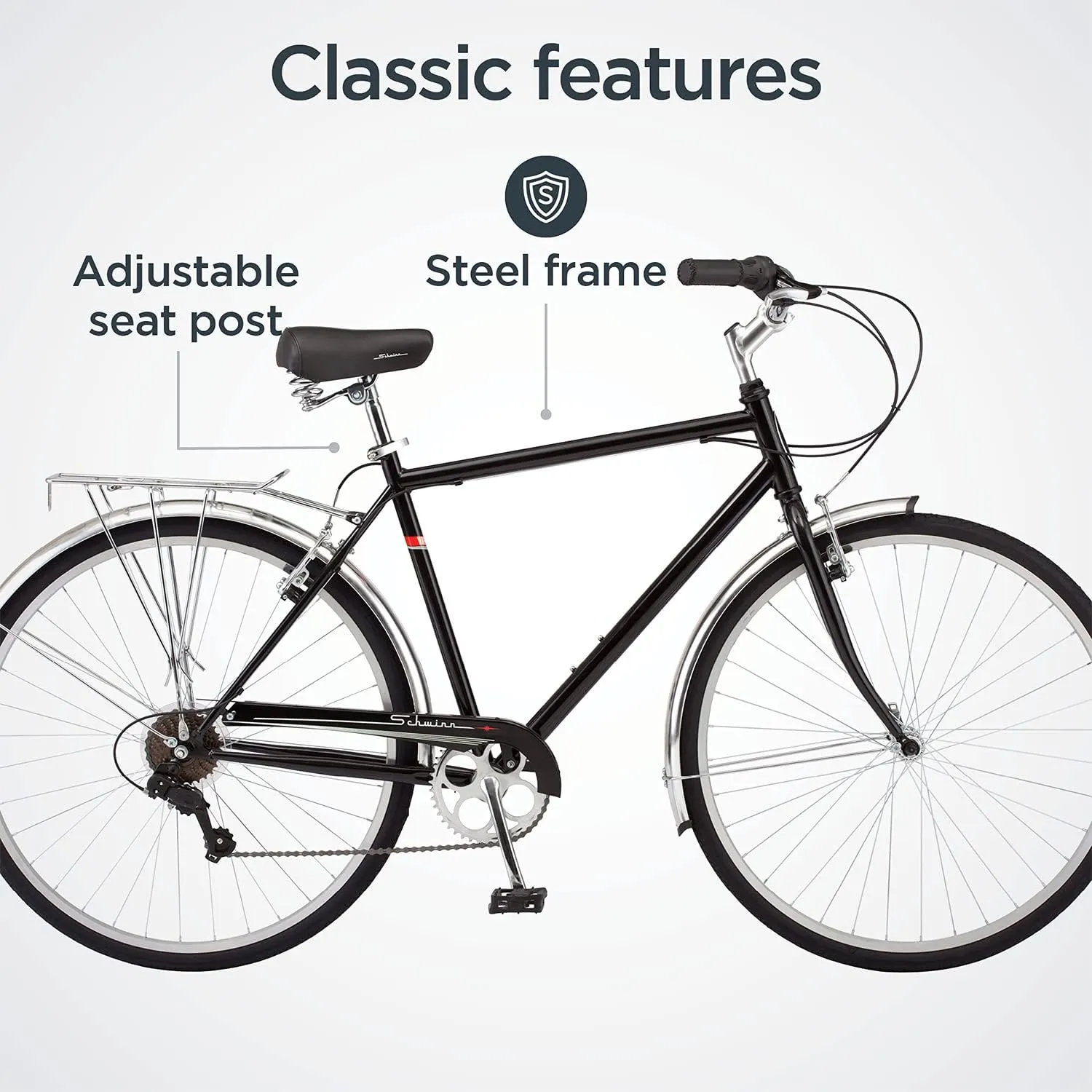 Schwinn Wayfarer Hybrid Bike, 700c Mens and Womens Bike, 7-Speed Hybrid Bicycle, Retro Steel Frame, Front and Rear Linear Pull Brakes, Fenders, Cargo Space, Adult Bicycle
