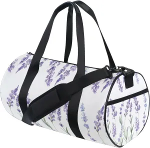 Seamless Watercolor Purple Lavender Flower with Green Leaves Duffel Bag, Foldable Canvas Travel Tote for Gym Sports with Inner Pockets, Durable Lightweight Fitness Bag for Overnight Workout