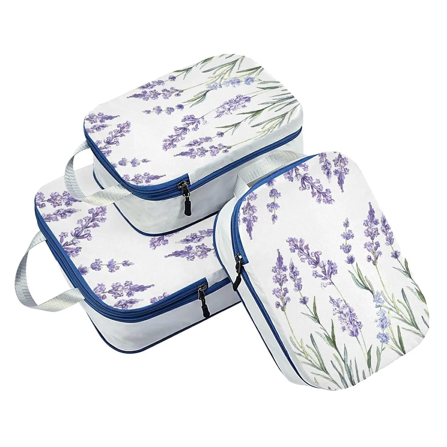 Seamless Watercolor Purple Lavender Flowers on White 3 Set Packing Cubes, Waterproof Check Oxford cloth Organizers, Travel Packing Toiletry Storage Bag