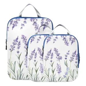 Seamless Watercolor Purple Lavender Flowers on White 3 Set Packing Cubes, Waterproof Check Oxford cloth Organizers, Travel Packing Toiletry Storage Bag