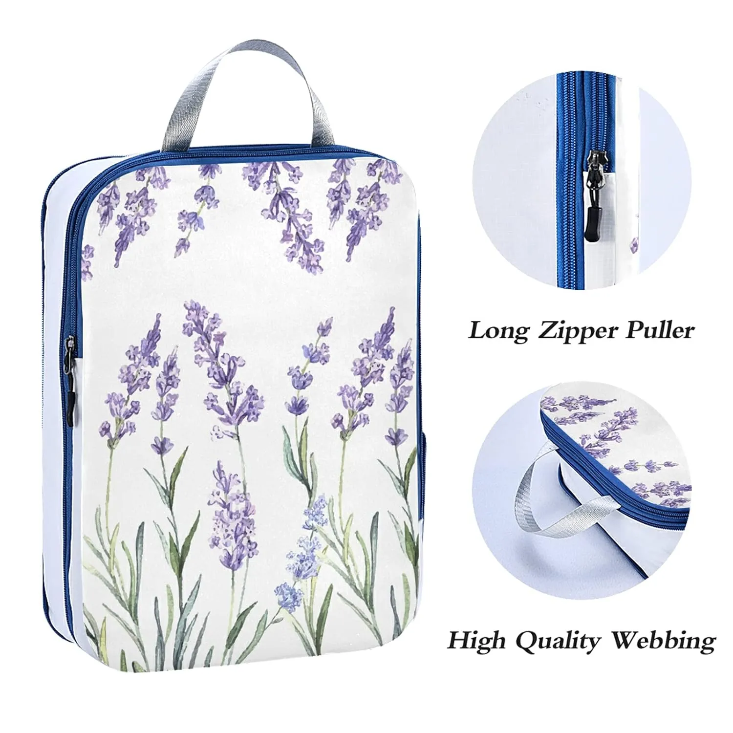 Seamless Watercolor Purple Lavender Flowers on White 3 Set Packing Cubes, Waterproof Check Oxford cloth Organizers, Travel Packing Toiletry Storage Bag