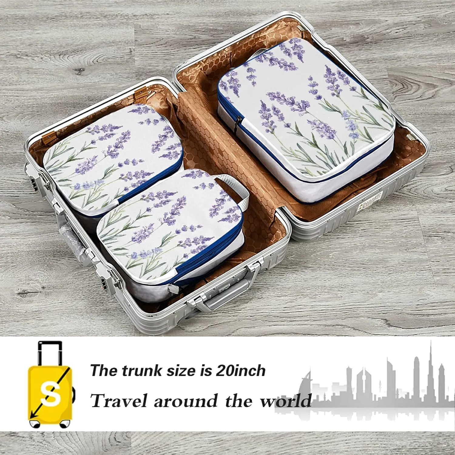 Seamless Watercolor Purple Lavender Flowers on White 3 Set Packing Cubes, Waterproof Check Oxford cloth Organizers, Travel Packing Toiletry Storage Bag