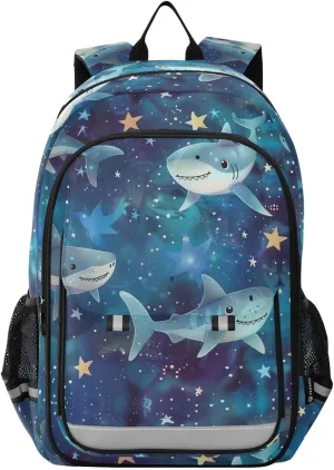 senya Sharks Soar in The Starry Sky Backpack Water-Resistant Bag Lightweight Bookbags with Reflective Strip