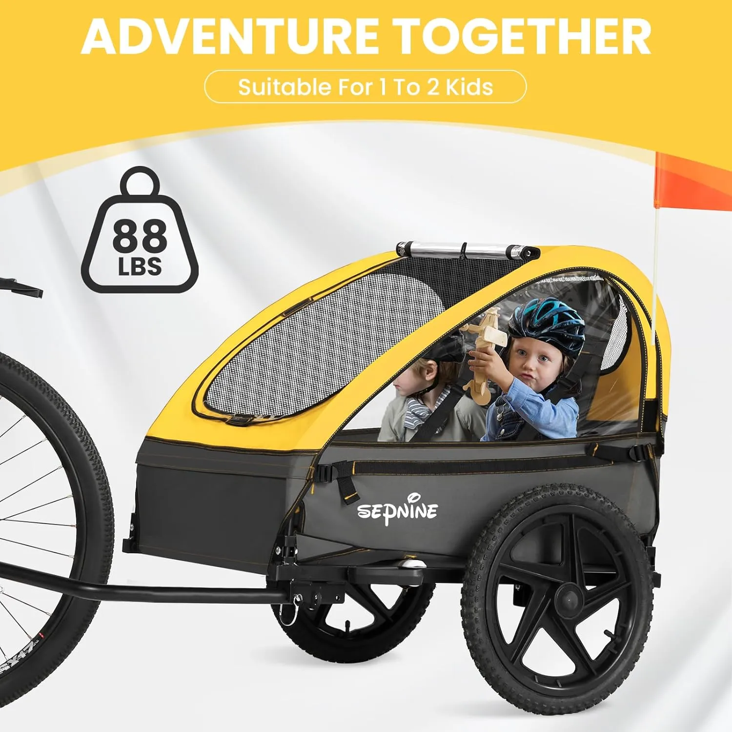 Sepnine Kids Bike Trailer, Suitable for 1 to 2 Kids, 12  Months, Quick Attach to Bike, Foldable, with 5-Point Harness and Storage Bags