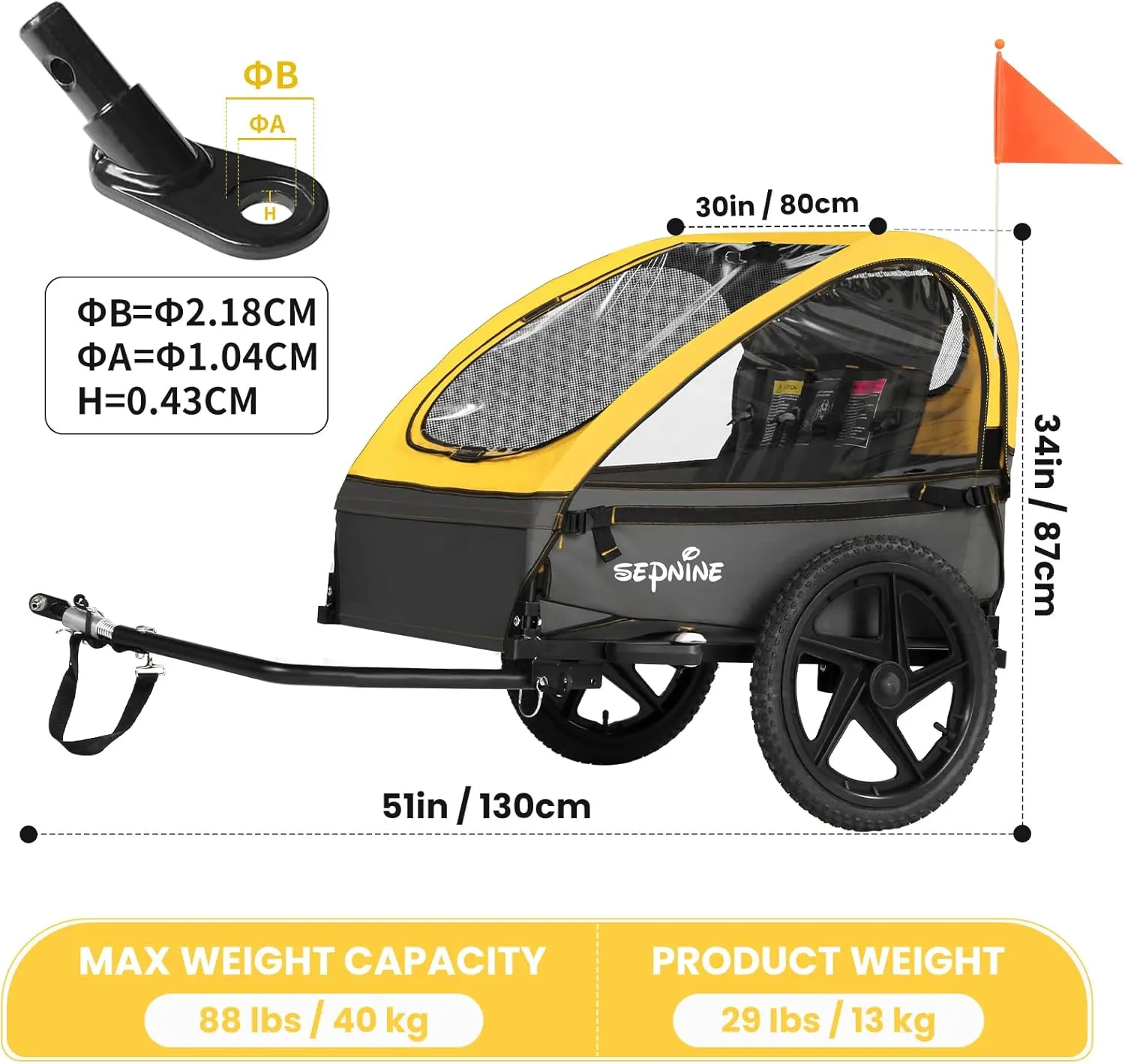 Sepnine Kids Bike Trailer, Suitable for 1 to 2 Kids, 12  Months, Quick Attach to Bike, Foldable, with 5-Point Harness and Storage Bags