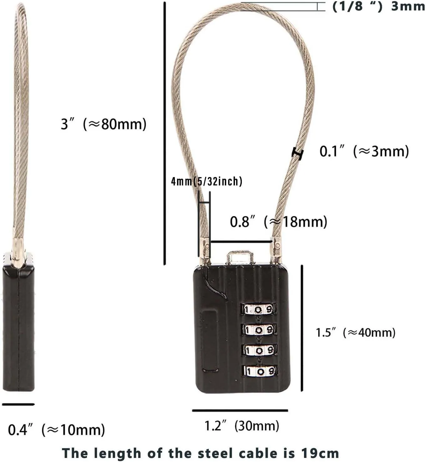 SEPOX® Compact Design Resettable Combination Padlock 4 Digit, 30mm 1-3/16" Width Body, Extra Long 16cm Cable Lock for Suitcase, Travel, Gym Lockers, Helmet, Cabinets, Case, Fence, Pack of 4 Black