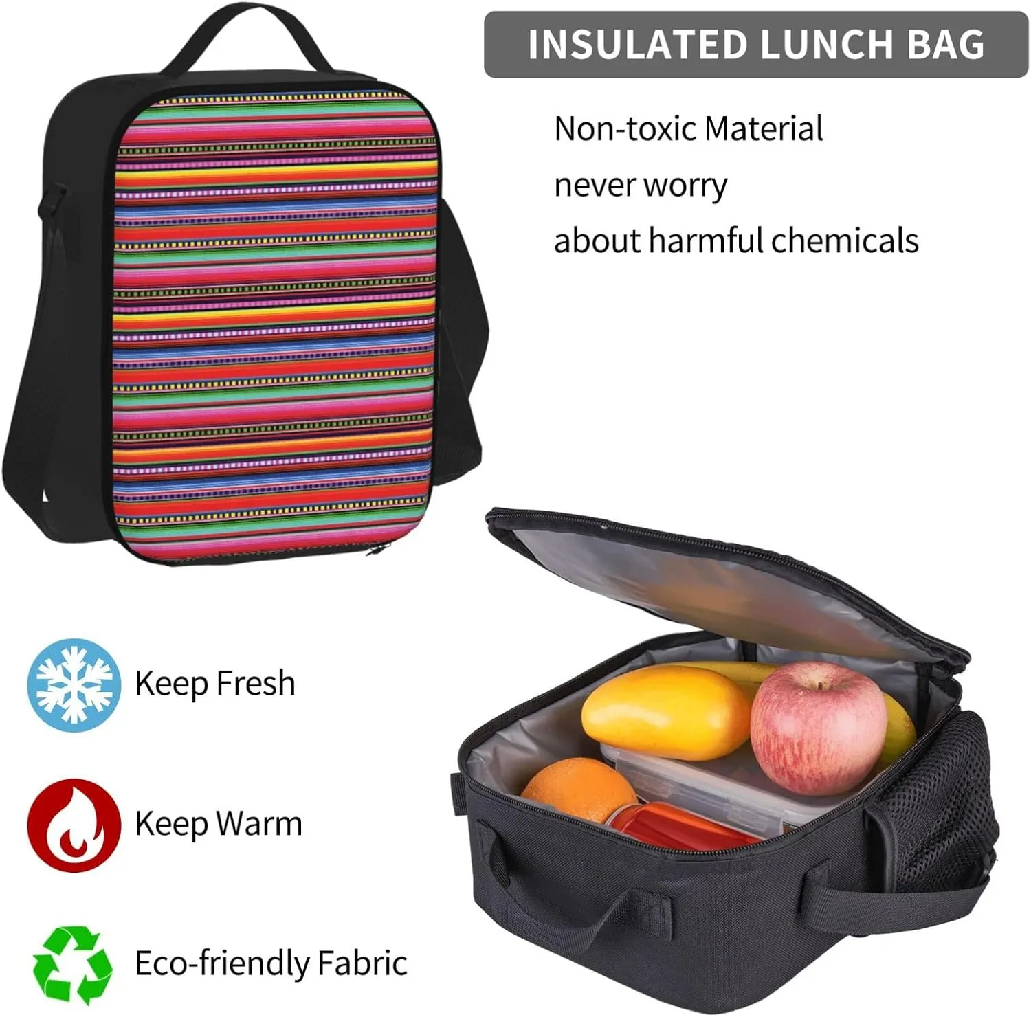 Serape Rainbow Stripes Mexican Pattern Multifunctional Pocket Backpack Crossbody Lunch Bag Pencil Case 3Pcs Set Large Capacity Backpack