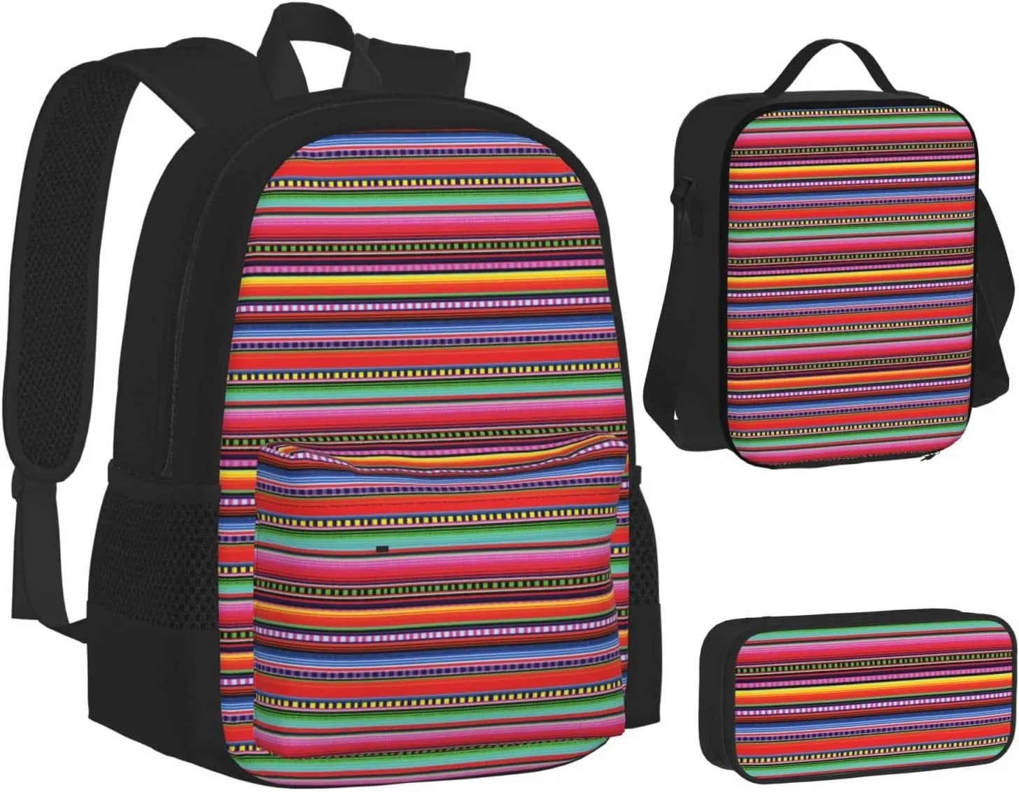 Serape Rainbow Stripes Mexican Pattern Multifunctional Pocket Backpack Crossbody Lunch Bag Pencil Case 3Pcs Set Large Capacity Backpack