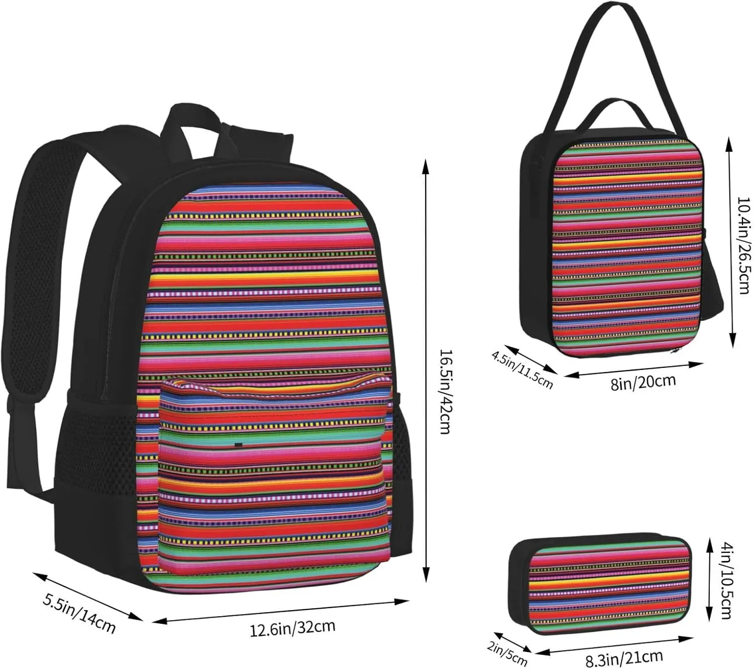 Serape Rainbow Stripes Mexican Pattern Multifunctional Pocket Backpack Crossbody Lunch Bag Pencil Case 3Pcs Set Large Capacity Backpack