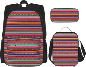 Serape Rainbow Stripes Mexican Pattern Multifunctional Pocket Backpack Crossbody Lunch Bag Pencil Case 3Pcs Set Large Capacity Backpack