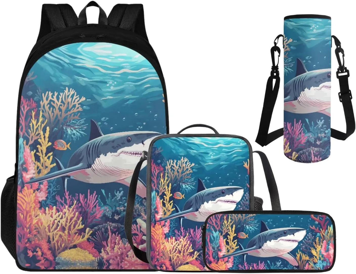 Shark Backpack and Lunch Box Set, Backpacks for 2nd Grade Boys Back to School Bag Pencil Case Lunch Box Water Bottle Holder 4 PCS Set Bookbag Accessories Sets