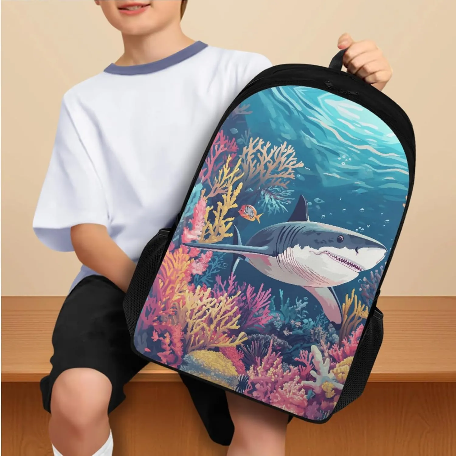 Shark Backpack and Lunch Box Set, Backpacks for 2nd Grade Boys Back to School Bag Pencil Case Lunch Box Water Bottle Holder 4 PCS Set Bookbag Accessories Sets