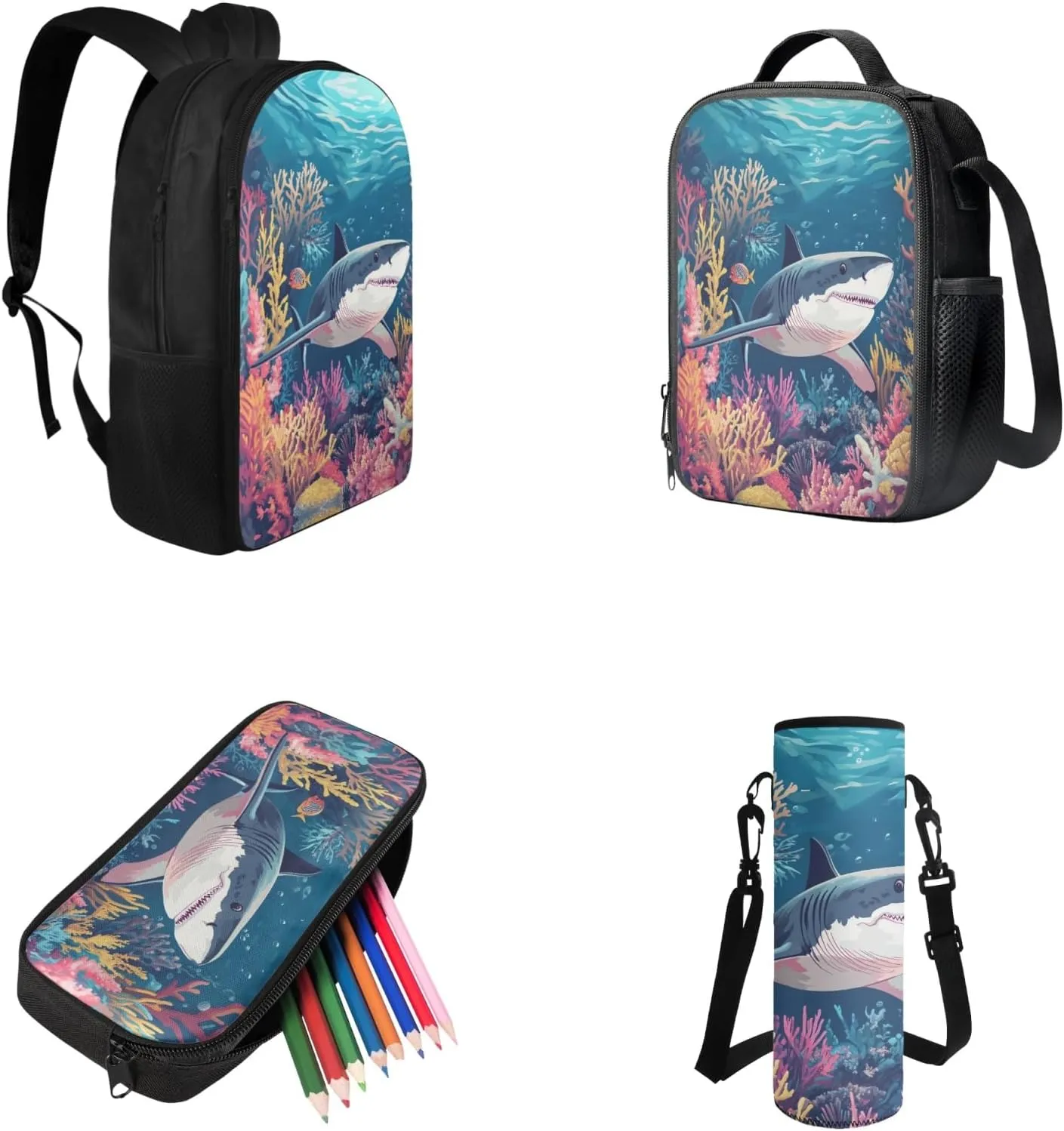 Shark Backpack and Lunch Box Set, Backpacks for 2nd Grade Boys Back to School Bag Pencil Case Lunch Box Water Bottle Holder 4 PCS Set Bookbag Accessories Sets