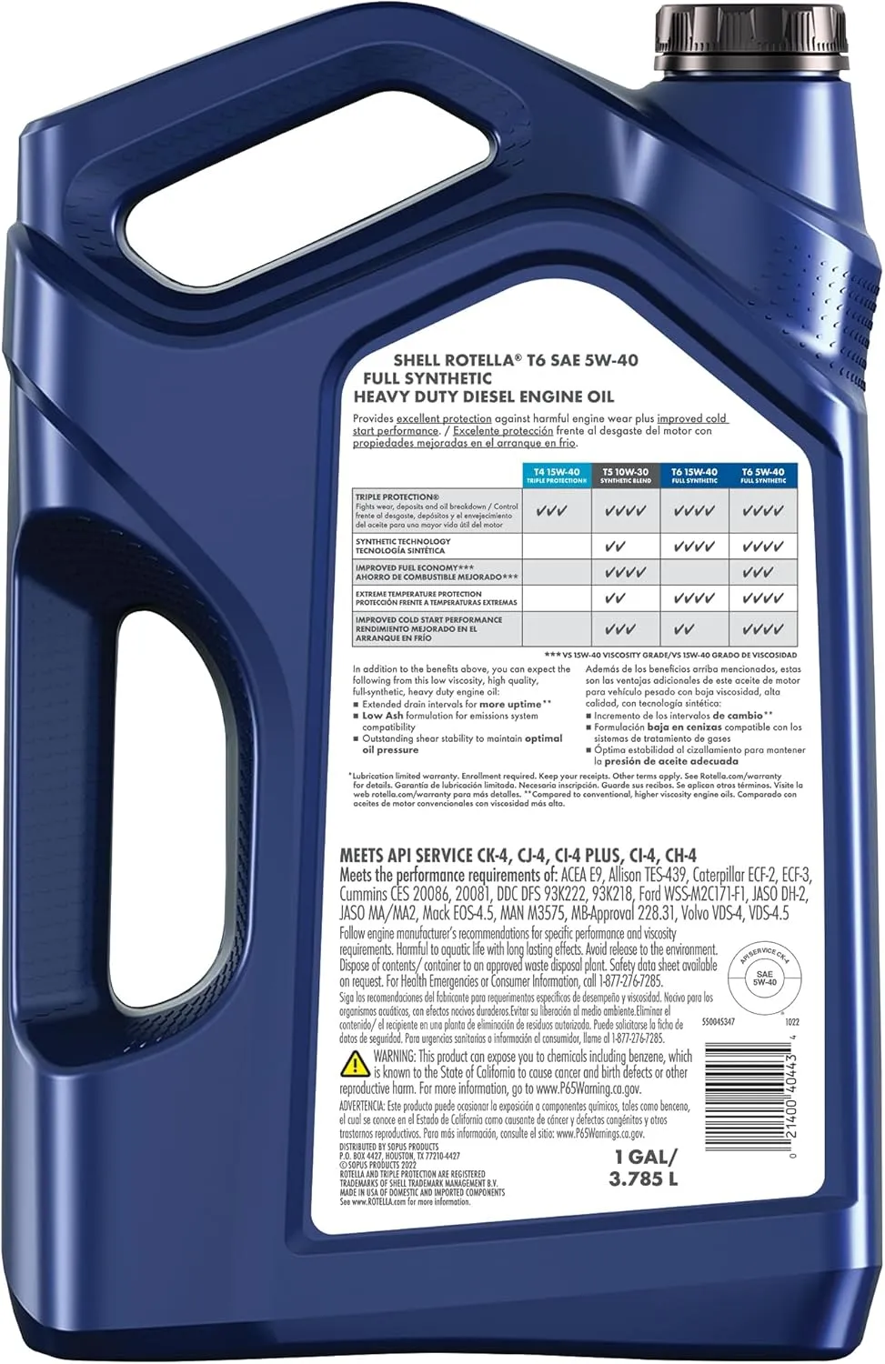 Shell Rotella T6 Full Synthetic 5W-40 Diesel Engine Oil, 1 Gallon