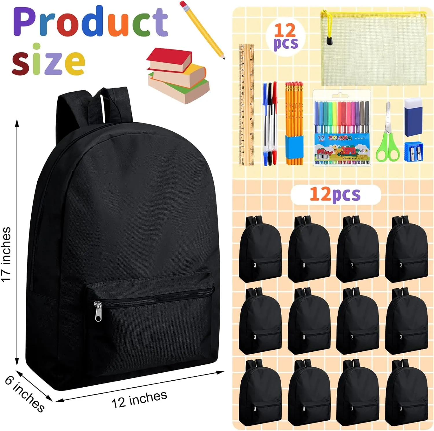 Silkfly 24 Pcs Backpack Bulk 17'' Book Bags and 24 Sets School Supplies Stationery Kit Back to School Stuff for Kids (Black)