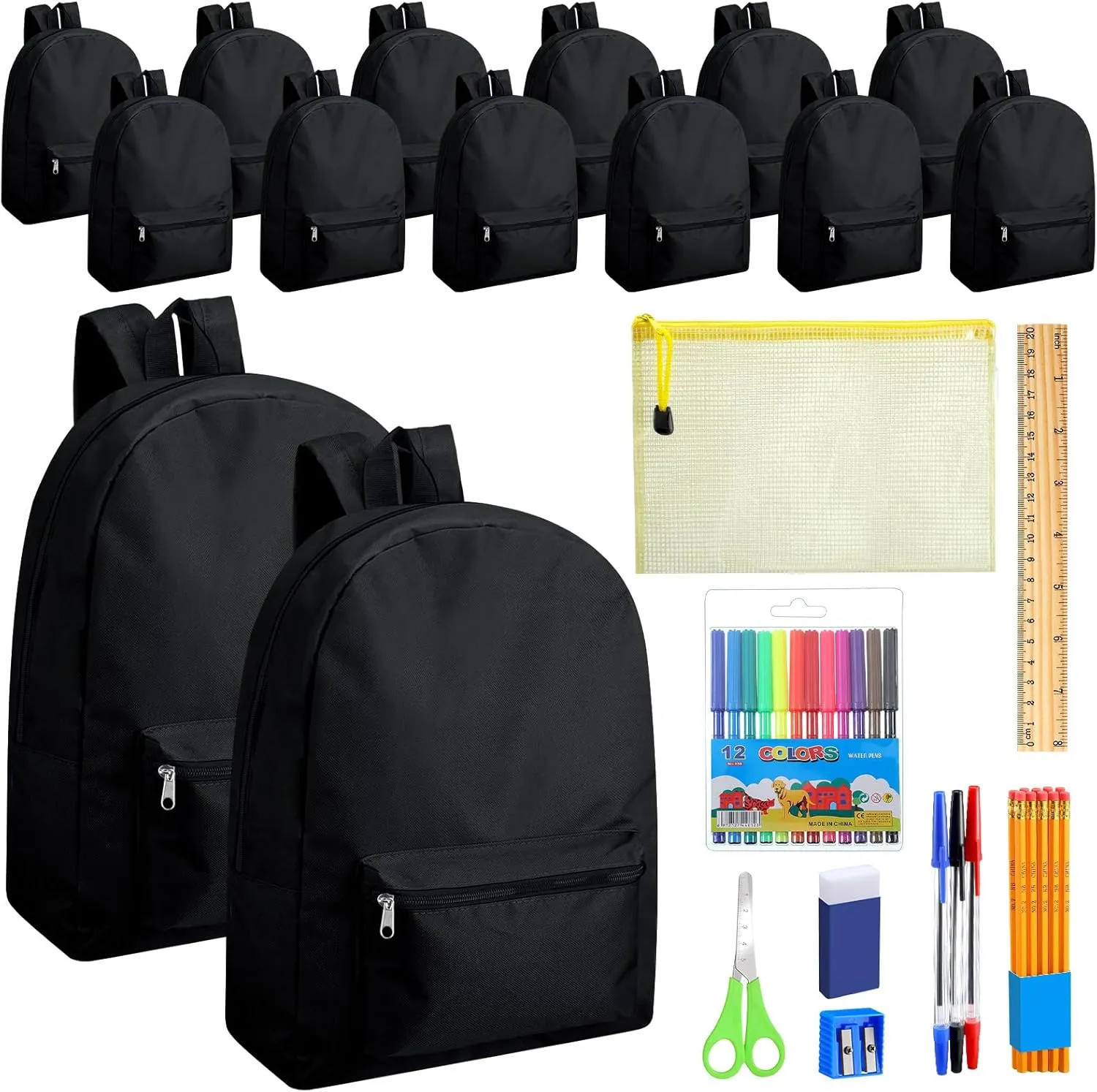 Silkfly 24 Pcs Backpack Bulk 17'' Book Bags and 24 Sets School Supplies Stationery Kit Back to School Stuff for Kids (Black)
