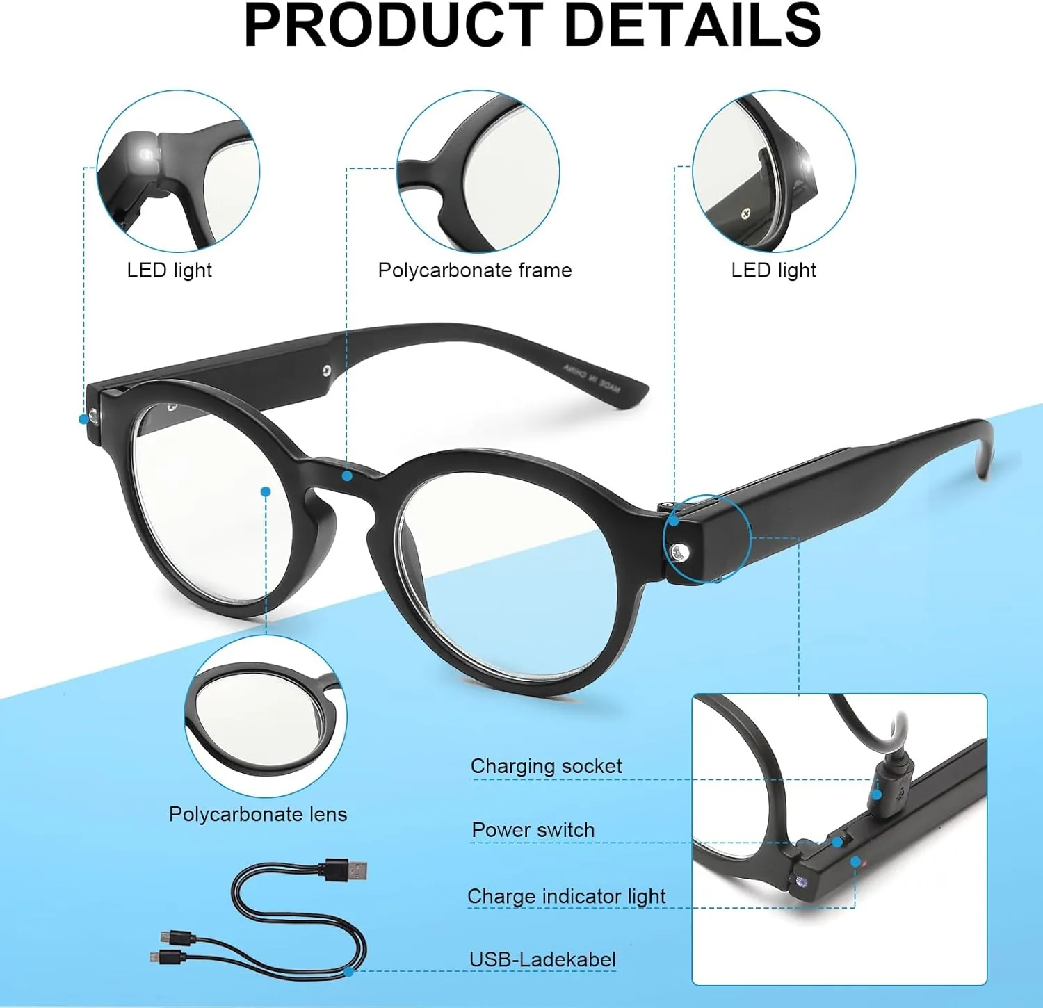 SKYWAY Rechargeable Reading Glasses with Lighted Reading Glasses for Men Women, Lighted Readers with Anti Blue Light Lens