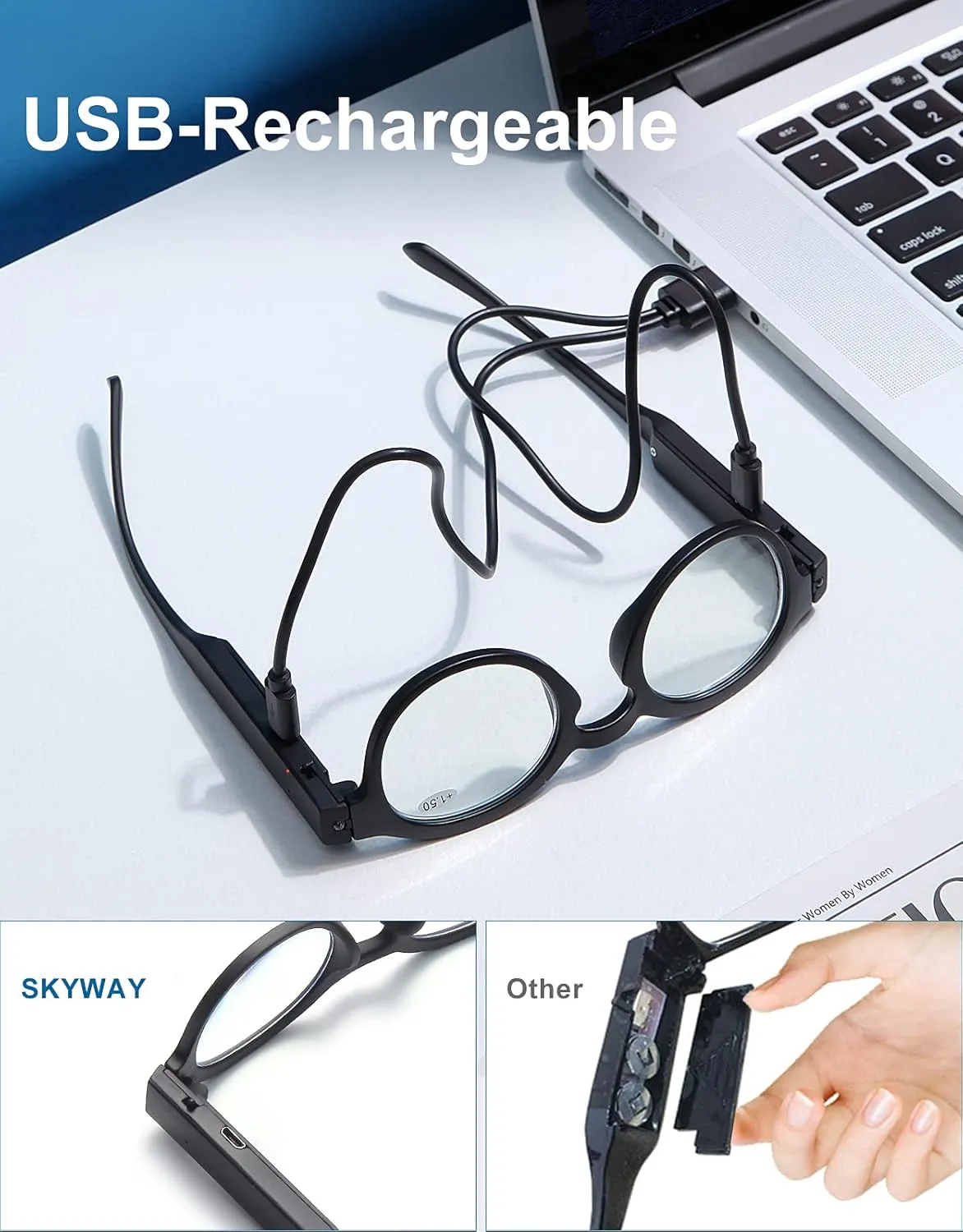 SKYWAY Rechargeable Reading Glasses with Lighted Reading Glasses for Men Women, Lighted Readers with Anti Blue Light Lens