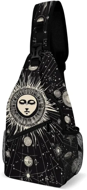Sling Shoulder Backpack for Women Men Anti-Theft Multipurpose Outdoor Sport Daypack Travel Bag, Vintage Sun And Moon Star Trail Art Chest Day Bag Backpack