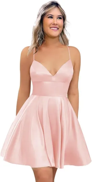 Spaghetti Strap Satin Homecoming Dresses for Teens 2025 V Neck A Line Short Prom Bridesmaid Gown Dress with Pocket