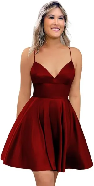 Spaghetti Strap Satin Homecoming Dresses for Teens 2025 V Neck A Line Short Prom Bridesmaid Gown Dress with Pocket