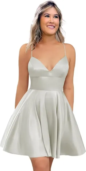 Spaghetti Strap Satin Homecoming Dresses for Teens 2025 V Neck A Line Short Prom Bridesmaid Gown Dress with Pocket