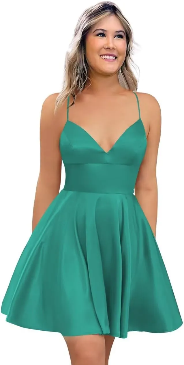 Spaghetti Strap Satin Homecoming Dresses for Teens 2025 V Neck A Line Short Prom Bridesmaid Gown Dress with Pocket